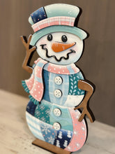 Load image into Gallery viewer, Patchwork Snowman Standing File SVG, Reversible, Hat, Scarf, Snowmen, Glowforge Winter Decor, Fall, Craft, LuckyHeartDesignsCo
