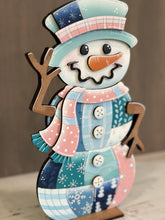 Load image into Gallery viewer, Patchwork Snowman Standing File SVG, Reversible, Hat, Scarf, Snowmen, Glowforge Winter Decor, Fall, Craft, LuckyHeartDesignsCo
