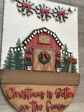 Load image into Gallery viewer, Farm Christmas Holiday Door Sign Interchangeable File, SVG, Barn, Tree, Wreath, Windmill, Lights, Seasonal Home Welcome, glowforge
