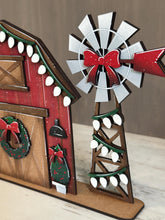 Load image into Gallery viewer, Farm Barn Christmas Standing File SVG, Glowforge, Santa, Windmill, Tree, Lights, Wreath, LuckyHeartDesignsCO
