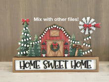 Load image into Gallery viewer, Farm Barn Christmas Standing File SVG, Glowforge, Santa, Windmill, Tree, Lights, Wreath, LuckyHeartDesignsCO
