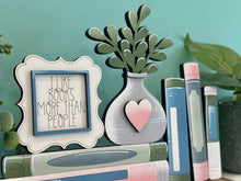Load image into Gallery viewer, Books Shelf Sitter Standing Sign File SVG, Book, Reading, Plant, Succulent Library Mantle decor, Centerpiece, glowforge, LuckyHeartDesignsCo
