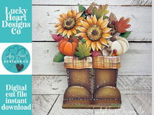 Load image into Gallery viewer, Fall Foliage Standing Boots Sign File SVG, Floral, Leaf, Pumpkin, Leaves, Sunflower, Berries, Gourd, Glowforge, LuckyHeartDesignsCo
