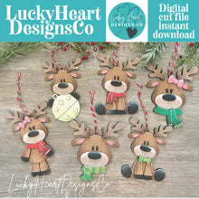 Load image into Gallery viewer, Reindeer Merry Christmas Ornament File SVG, Santa Elf Candy Cane Rudolph, Presents Tiered Tray, Glowforge, LuckyHeartDesignsCo

