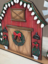 Load image into Gallery viewer, Farm Barn Christmas Standing File SVG, Glowforge, Santa, Windmill, Tree, Lights, Wreath, LuckyHeartDesignsCO
