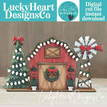 Load image into Gallery viewer, Farm Barn Christmas Standing File SVG, Glowforge, Santa, Windmill, Tree, Lights, Wreath, LuckyHeartDesignsCO
