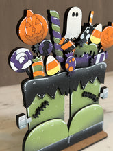 Load image into Gallery viewer, Halloween Candy Boot Standing File SVG, Sucker, Ghost, Pumpkin, Candy Corn, Glowforge, Holiday, Tiered Tray LuckyHeartDesignsCo
