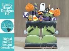 Load image into Gallery viewer, Halloween Candy Boot Standing File SVG, Sucker, Ghost, Pumpkin, Candy Corn, Glowforge, Holiday, Tiered Tray LuckyHeartDesignsCo
