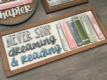 Load image into Gallery viewer, Book Reading Sign Trio File SVG, Read, School, Story, Librarian, Library, Glowforge, LuckyHeartDesignsCo
