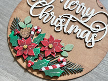 Load image into Gallery viewer, Poinsettia Merry Christmas Round Door Hanger File SVG, Glowforge, Foliage, Candy Cane, Holly, Floral, Greens, LuckyHeartDesignsCo
