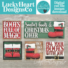 Load image into Gallery viewer, Santa Boots Interchangeable Leaning Sign File SVG, Glowforge Christmas, Tiered Tray, Candy Cane, Reindeer, Presents, LuckyHeartDesignsCO
