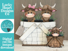 Load image into Gallery viewer, Happy Highland Cow For The Flower Basket Interchangeable File SVG, Farm, Tiny, Tiered Tray, Glowforge, LuckyHeartDesignsCo
