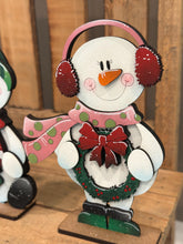 Load image into Gallery viewer, Happy Snowman Christmas Standing File SVG, Santa, Winter, Candy Cane, Snowmen, Wreath, Rudolph, Centerpiece glowforge LuckyHeartDesignsCo
