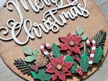 Load image into Gallery viewer, Poinsettia Merry Christmas Round Door Hanger File SVG, Glowforge, Foliage, Candy Cane, Holly, Floral, Greens, LuckyHeartDesignsCo
