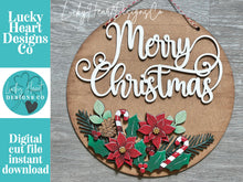 Load image into Gallery viewer, Poinsettia Merry Christmas Round Door Hanger File SVG, Glowforge, Foliage, Candy Cane, Holly, Floral, Greens, LuckyHeartDesignsCo
