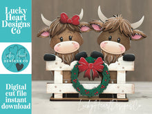 Load image into Gallery viewer, Happy Highland Christmas Fence Standing File SVG, Elf, Couple, Cow, Holiday, Tree, Wreath, Farm, Tiered Tray Glowforge, LuckyHeartDesignsCo

