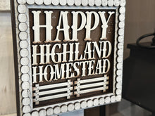 Load image into Gallery viewer, Happy Highland Interchangeable Leaning Sign File SVG, Fall Farm, Cow, Farm, Flower, Flower, Tiered Tray Glowforge, LuckyHeartDesignsCo
