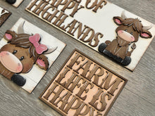 Load image into Gallery viewer, Happy Highland Interchangeable Leaning Sign File SVG, Fall Farm, Cow, Farm, Flower, Flower, Tiered Tray Glowforge, LuckyHeartDesignsCo
