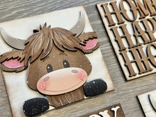 Load image into Gallery viewer, Happy Highland Interchangeable Leaning Sign File SVG, Fall Farm, Cow, Farm, Flower, Flower, Tiered Tray Glowforge, LuckyHeartDesignsCo

