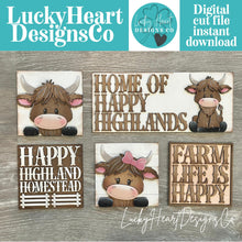 Load image into Gallery viewer, Happy Highland Interchangeable Leaning Sign File SVG, Fall Farm, Cow, Farm, Flower, Flower, Tiered Tray Glowforge, LuckyHeartDesignsCo
