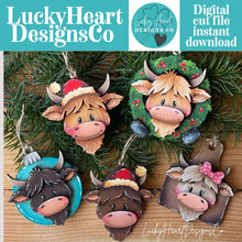 Load image into Gallery viewer, Happy Highland Christmas Ornament File SVG, Glowforge, Cow, Cowbell, Farm, LuckyHeartDesignsCo
