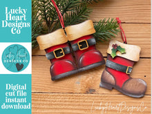 Load image into Gallery viewer, Santa Boots Christmas Ornament File SVG, Tree, Holly, Stocking, Gift, Personalized, Glowforge, LuckyHeartDesignsCo
