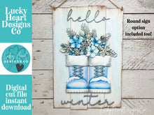 Load image into Gallery viewer, Winter Boot Foliage Door Hanger Sign File SVG, flower, Floral, Snowflake Tree, Holly, Greens, Pinecone, Glowforge, LuckyHeartDesignsCo
