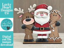 Load image into Gallery viewer, Santa Friends Hug Christmas Standing File SVG, Reindeer, Gingerbread Man, Rudolph, Centerpiece glowforge LuckyHeartDesignsCo
