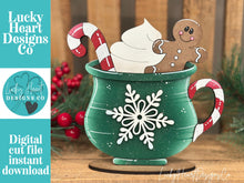 Load image into Gallery viewer, Hot Cocoa Candy Cane Standing Mug File SVG, Glowforge Laser file, Chocolate, Gingerbread Man, Winter Christmas, LuckyHeartDesignsCo
