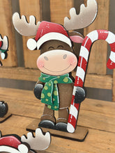 Load image into Gallery viewer, Happy Moose Christmas Standing Sign File SVG, Elf Reindeer Santa, Sweater Reindeer Mantle decor, Centerpiece, glowforge, LuckyHeartDesignsCo

