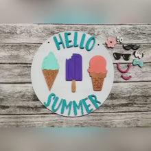 Load and play video in Gallery viewer, Hello Summer Ice Cream Door Hanger File SVG, Ice Cream Popsicle Glowforge, LuckyHeartDesignsCo
