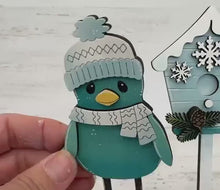 Load and play video in Gallery viewer, Winter Birds Standing File SVG, Glowforge, Birdhouse, Snowflake, Snowman, Tiered Tray LuckyHeartDesignsCo
