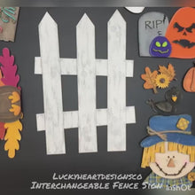 Load and play video in Gallery viewer, Interchangeable Fence Fall Bundle Sign File SVG, Halloween, Thanksgiving, Scarecrow, Glowforge Seasonal, LuckyHeartDesignsCo
