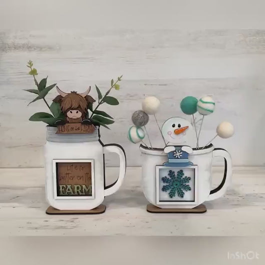 Mug and Cup Mug Hugger Holder File SVG, MINI Interchangeable Leaning Sign Glowforge, Mug and Cup ONLY, Holiday, LuckyHeartDesignsCo