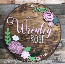 Load image into Gallery viewer, Rose Floral file SVG, Glowforge, Flower Round Name Sign, LuckyHeartDesignsCo
