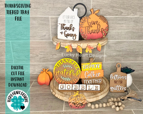 Thanksgiving Tiered Tray File SVG, Glowforge Laser, Thankful Fall Tier Tray, LuckyHeartDesignsCo