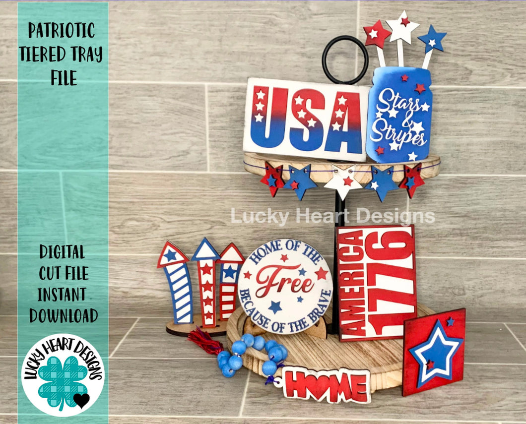 Patriotic Tiered Tray File SVG, Glowforge 4th of July Tier Tray, Lucky Heart Designs