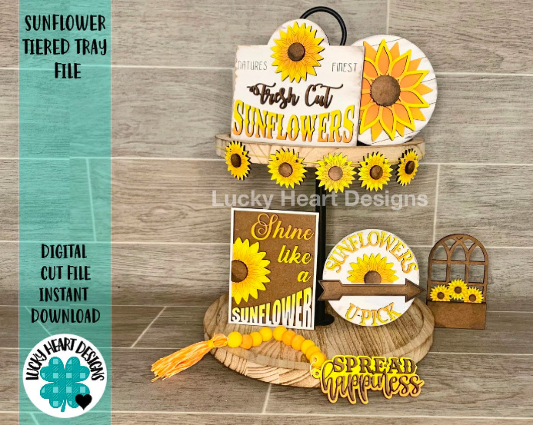Sunflower Tiered Tray File SVG, Glowforge Tier Tray Floral Flower Summer Fall, Lucky Heart Designs