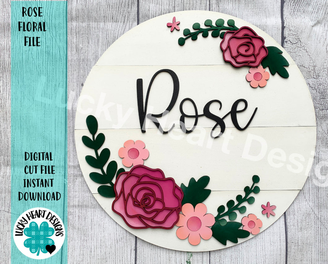 Rose Floral file SVG, Glowforge, Flower Round Name Sign, LuckyHeartDesignsCo