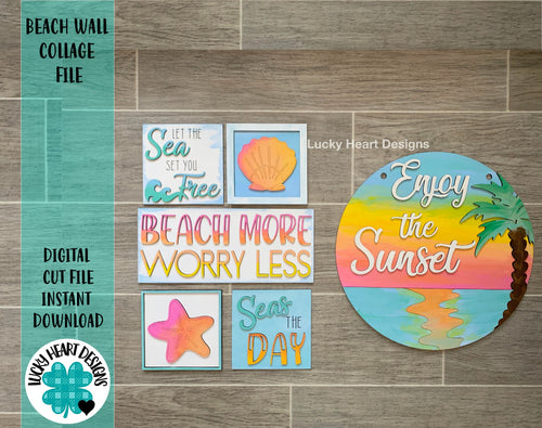 Beach Wall Collage File SVG, Sunset Glowforge Sign, LuckyHeartDesignsCo