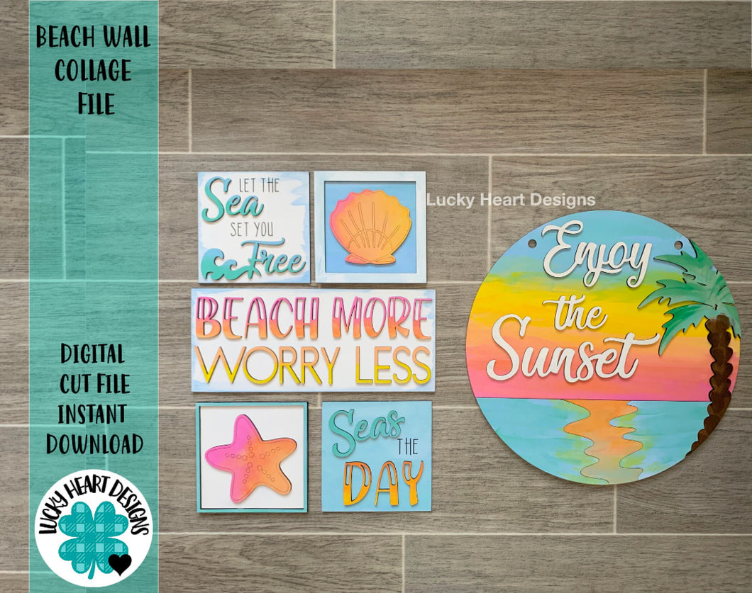 Beach Wall Collage File SVG, Sunset Glowforge Sign, LuckyHeartDesignsCo