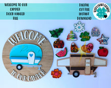 Load image into Gallery viewer, Welcome To Our Camper Interchangeable Door Hanger File SVG, Glowforge, LuckyHeartDesignsCo
