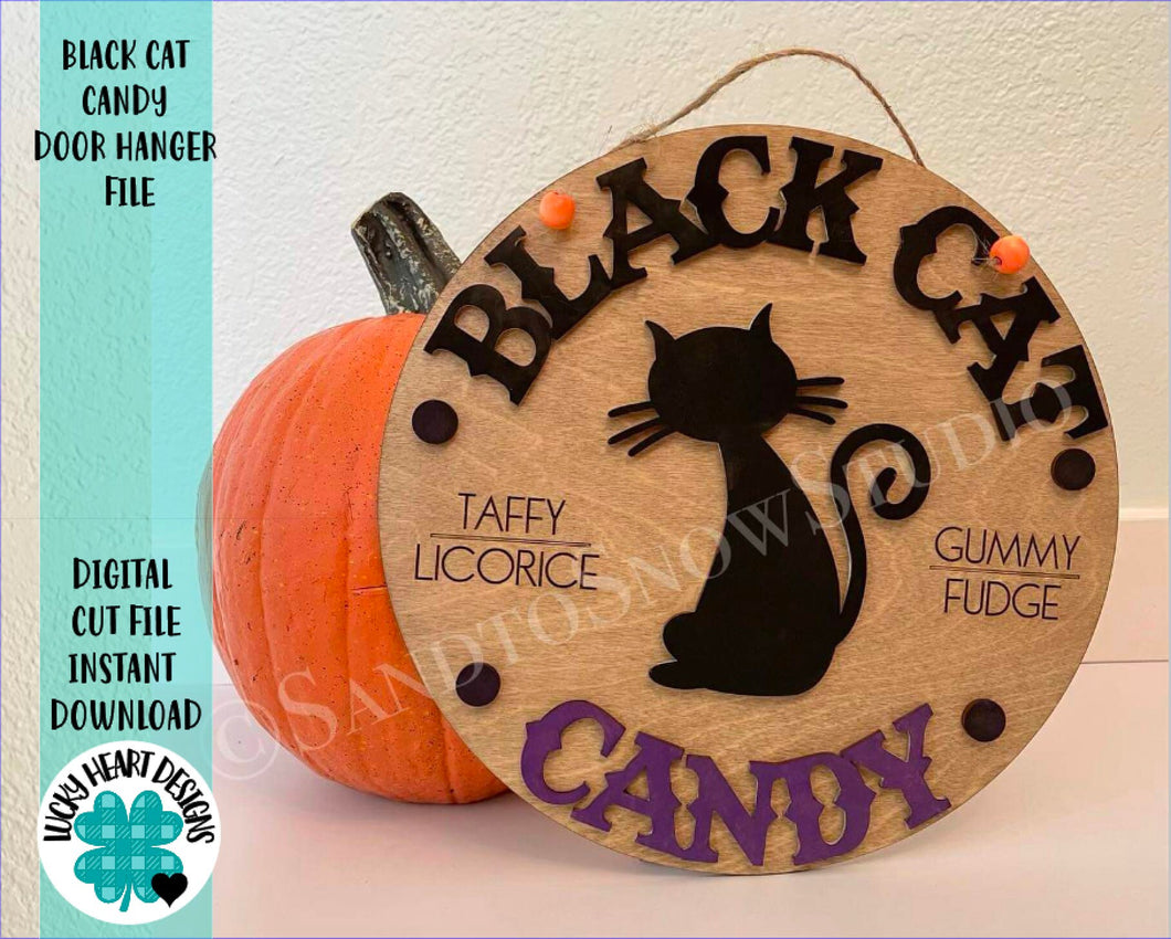 Black Cat Candy Door Hanger File SVG, Glowforge Halloween Sign, LuckyHeartDesignsCo