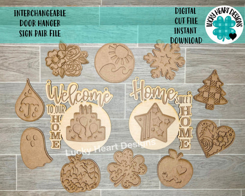 Interchangeable Door Hanger Sign Pair File, Glowforge Home Sign Shapes, LuckyHeartDesignsCo