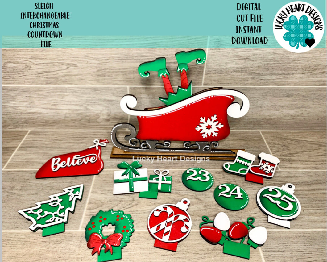 Sleigh Interchangeable Christmas Countdown File SVG, Glowforge Holiday Decor, LuckyHeartDesignsCo