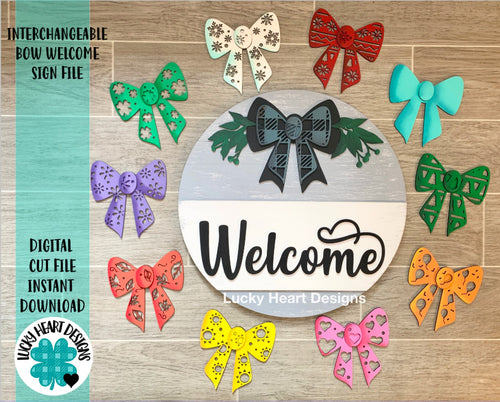 Interchangeable Bow Welcome Sign File SVG, Glowforge Door Hanger, LuckyHeartDesignsCo