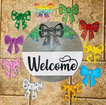 Load image into Gallery viewer, Interchangeable Bow Welcome Sign File SVG, Glowforge Door Hanger, LuckyHeartDesignsCo

