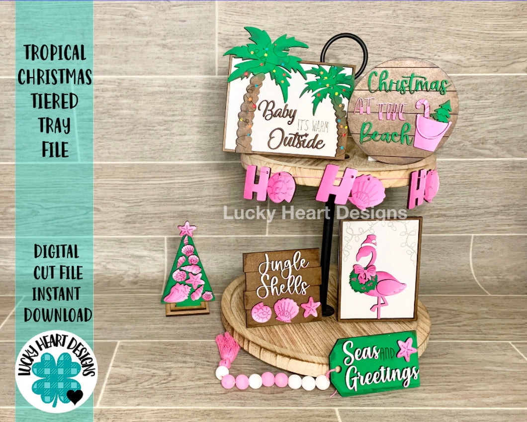 Tropical Christmas Tiered Tray File SVG, Glowforge Flamingo Palm Tree, LuckyHeartDesignsCo