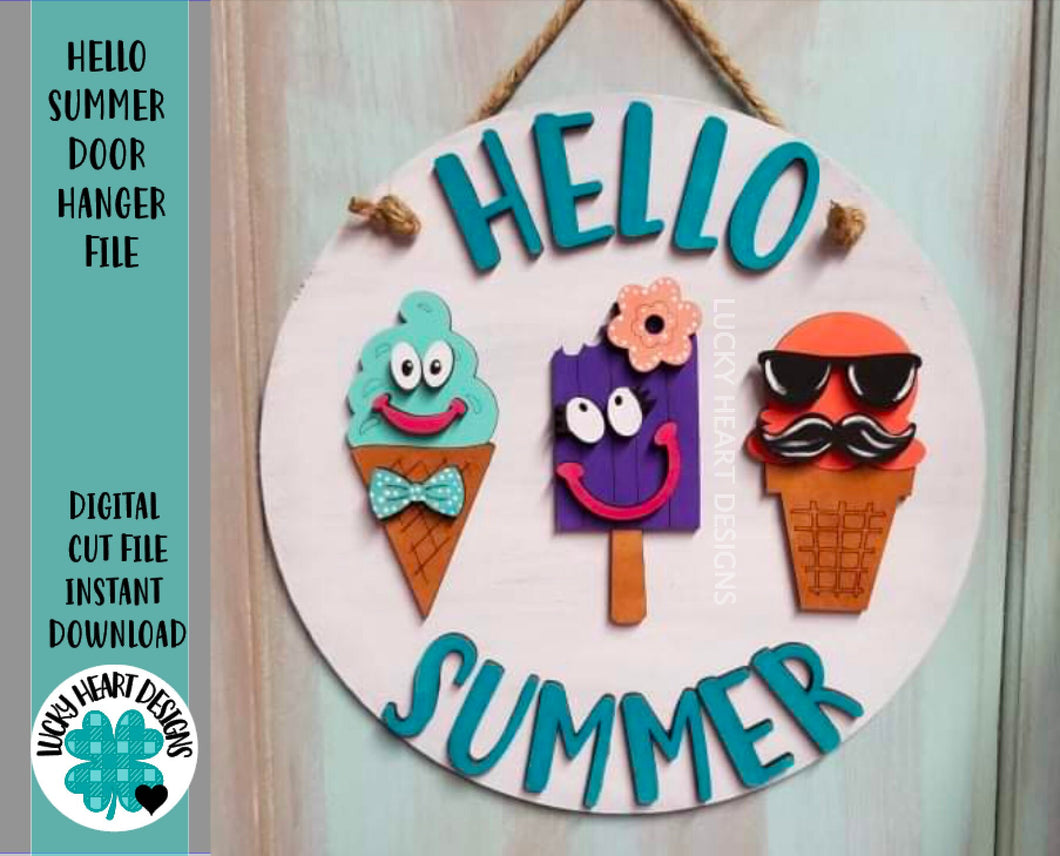 Hello Summer Ice Cream Door Hanger File SVG, Ice Cream Popsicle Glowforge, LuckyHeartDesignsCo