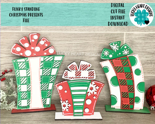 Funky Standing Christmas Presents File SVG, Glowforge Holiday, LuckyHeartDesignsCo